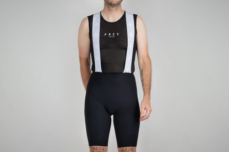 front view of bib shorts on white