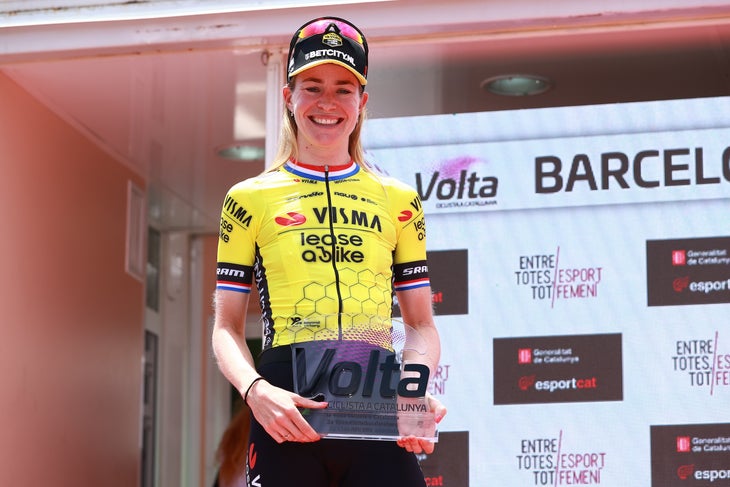 BARCELONA, SPAIN - JUNE 09: Riejanne Markus of The Netherlands and Team Visma | Lease a Bike celebrates at podium as second place winner during the 5th Volta a Catalunya Femenina 2024, Stage 3 a 86.6km stage from Molins de Rei to Barcelona on June 09, 2024 in Barcelona, Spain. (Photo by Gonzalo Arroyo Moreno/Getty Images)