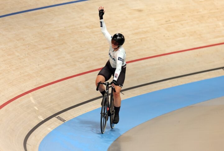 PARIS, FRANCE - AUGUST 11: Jennifer Valente of Team United States celebrates victory in the Women's Omnium on day sixteen of the Olympic Games Paris 2024 at Saint-Quentin-en-Yvelines Velodrome on August 11, 2024 in Paris, France. (Photo by Ian MacNicol/Getty Images)