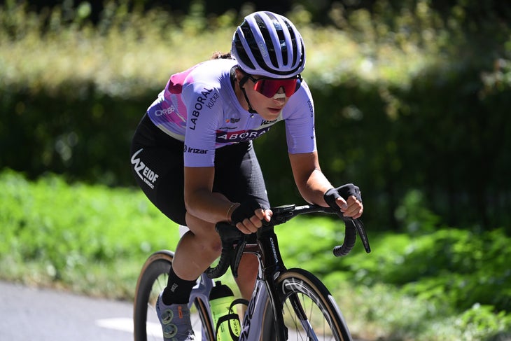 THE HAGUE, NETHERLANDS - AUGUST 12: Cristina Tonetti of Italy and Team Laboral Kutxa - Fundacion Euskadi competes in the breakaway during the 3rd Tour de France Femmes 2024, Stage 1 a 123km stage from Rotterdam to The Hague / #UCIWWT / on August 12, 2024 in The Hague, Netherlands. (Photo by Dario Belingheri/Getty Images)