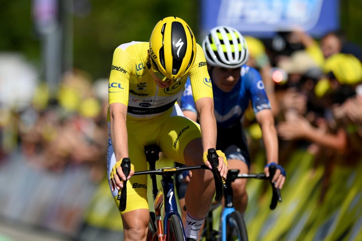 AMNEVILLE, FRANCE - AUGUST 15: (L-R) Demi Vollering of The Netherlands and Team SD Worx - Protime - Yellow Lader Jersey and Mareille Meijering of The Netherlands and Movistar Team cross the finish line during the 3rd Tour de France Femmes 2024, Stage 5 a 152.2km stage from Bastogne to Amneville / #UCIWWT / on August 15, 2024 in Amneville, France. (Photo by Alex Broadway/Getty Images)