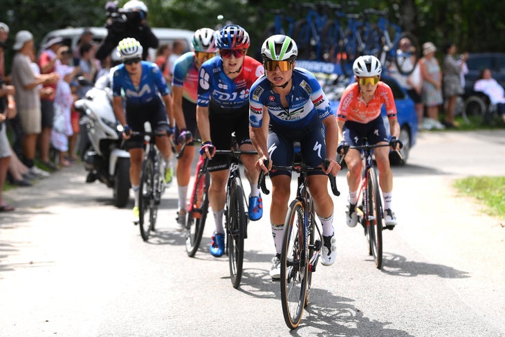 MORTEAU, FRANCE - AUGUST 16: Justine Ghekiere of Belgium and AG Insurance - Soudal Team attacks in the breakaway during the 3rd Tour de France Femmes 2024, Stage 6 a 159.2km stage from Remiremont to Morteau / #UCIWWT / on August 16, 2024 in Morteau, France. (Photo by Alex Broadway/Getty Images)