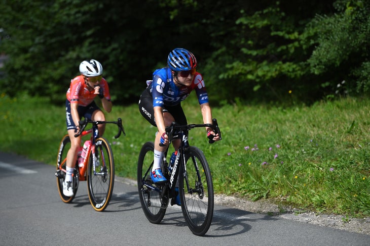 MORTEAU, FRANCE - AUGUST 16: Grace Brown of Australia and Team FDJ - SUEZ competes in the breakaway during the 3rd Tour de France Femmes 2024, Stage 6 a 159.2km stage from Remiremont to Morteau / #UCIWWT / on August 16, 2024 in Morteau, France. (Photo by Alex Broadway/Getty Images)