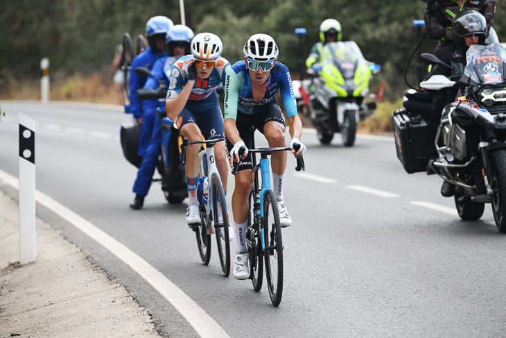 YUNQUERA, SPAIN - AUGUST 22: Gijs Leemreize of The Netherlands and Team dsm-Firmenich PostNL and Ben O'Connor of Australia and Team Decathlon AG2R La Mondiale compete in the breakaway during the La Vuelta - 79th Tour of Spain 2024, Stage 6 a 185.5km stage from Jerez de la Frontera to Yunquera / #UCIWT / on August 22, 2024 in Yunquera, Spain. (Photo by Dario Belingheri/Getty Images)