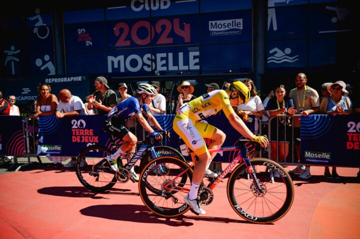 Demi Vollering crosses the finish line on stage 5 of the 2024 Tour de France Femmes, losing her yellow jersey after a crash. (Photo by Twila Muzzi)