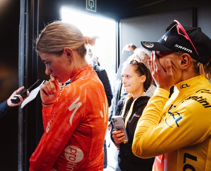 Very mixed emotions at the finish for Vollering and Niewiadoma. (Photo by Gruber Images)