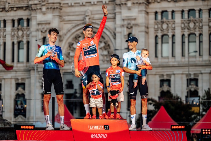 Ben O'Connor (Decathlon-Ag2r La Mondiale) on the podium with Primož Roglič (Red Bull-Bora-Hansgrohe) and Enric Mas (Movistar Team) Photo by Chris Auld. 