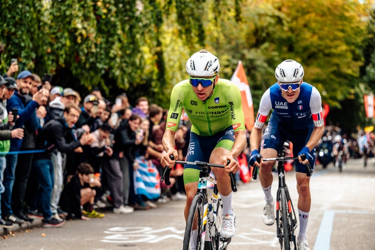 Tadej Pogačar (Slovenia) and Pavel Sivakov (France) joined forces during the world championship road race (Photo by Chris Auld)