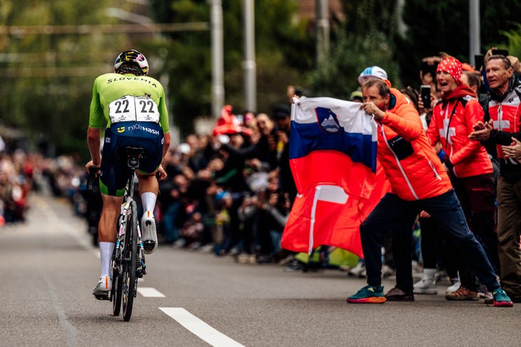 Stubborn Pogačar on World Champs win 2 Going for broke with over 100km to go was a huge ask, even for Tadej Pogačar (Photo by Chris Auld)