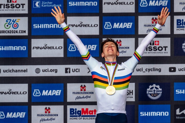 Tadej Pogacar savors his world championship success and first rainbow jersey (Photo by Chris Auld)