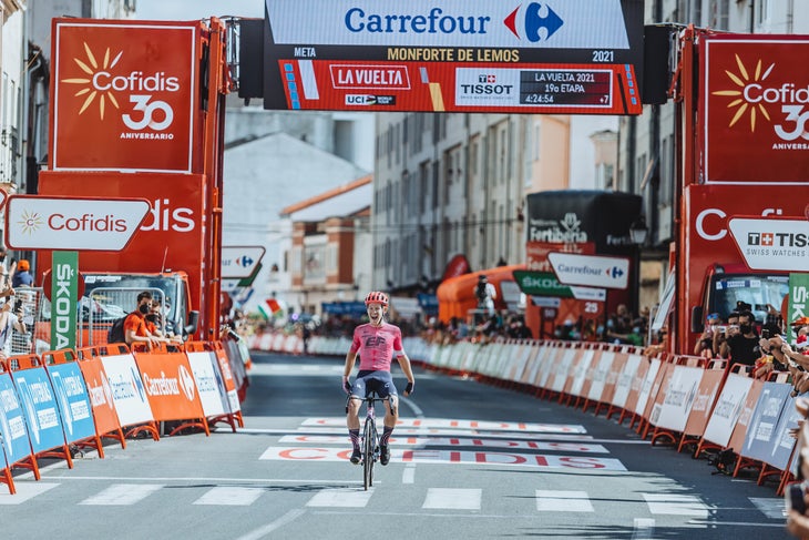 Celebrating then-teammate Magnus Cort's victory in the Vuelta a Espana (photo by Chris Auld)