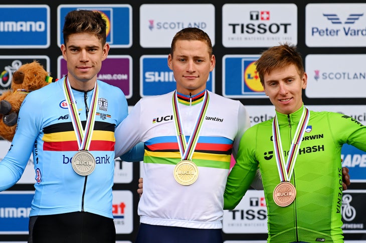 Van der Poel on his world championship form: 'I'm doing well' 2 GLASGOW, SCOTLAND - AUGUST 06: (L-R) Silver medalist Wout Van Aert of Belgium, gold medalist Mathieu Van Der Poel of The Netherlands, and bronze medalist Tadej Pogacar of Slovenia, pose on the podium during the medal ceremony after the 96th UCI Cycling World Championships Glasgow 2023, Men Elite Road Race a 271.1km one day race from Edinburgh to Glasgow / #UCIWT / on August 06, 2023 in Glasgow, Scotland. (Photo by Dario Belingheri/Getty Images)