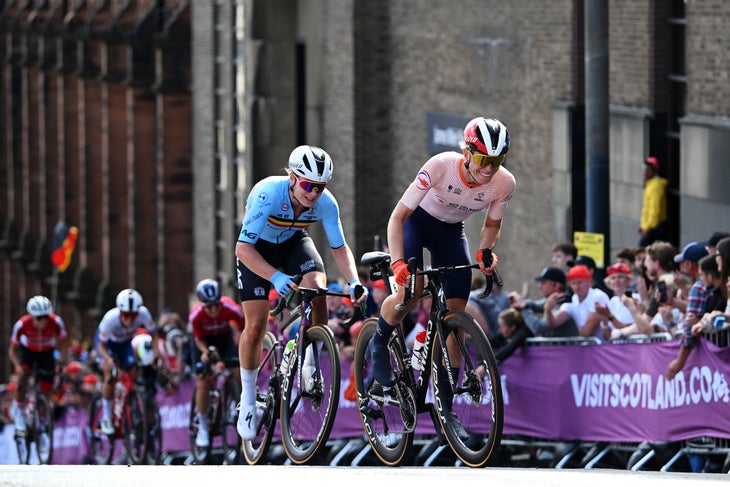 GLASGOW, SCOTLAND - AUGUST 13: (L-R) Lotte Kopecky of Belgium and Demi Vollering of The Netherlands attack during the Women Elite & Women U23 Road Race a 154.1km race from Loch Lomond to Glasgow at the 96th UCI Cycling World Championships Glasgow 2023, Day 11 /#UCIWWT / on August 13, 2023 in Glasgow, Scotland. (Photo by Dario Belingheri/Getty Images)