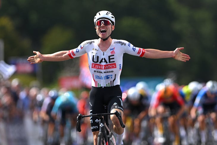 PLOUAY, FRANCE - AUGUST 25: Marc Hirschi of Switzerland and UAE Team Emirates celebrates at finish line as race winner during the 93rd Bretagne Classic - Ouest-France 2024 a 259.8km one day race from Plouay to Plouay / #UCIWT / on August 25, 2024 in Plouay, France. (Photo by Luc Claessen/Getty Images)