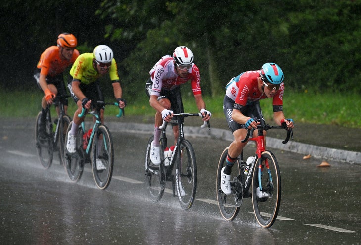 SANTANDER, SPAIN - SEPTEMBER 04: Jonas Gregaard of Denmark and Team Lotto Dstny (R) leads the breakaway during the La Vuelta - 79th Tour of Spain 2024, Stage 17 a 141.5km stage Arnuero to Santander / #UCIWT / on September 04, 2024 in Santander, Spain. (Photo by Dario Belingheri/Getty Images)