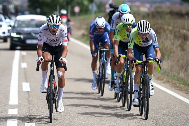 Roglič Romps to Red Jersey 2 ALTO DE MONCALVILLO, SPAIN - SEPTEMBER 06: (L-R) Isaac del Toro of Mexico and UAE Team Emirates and Simone Petilli of Italy and Team Intermarche-Wanty compete in the breakaway during the La Vuelta - 79th Tour of Spain 2024, Stage 19 a 173.5km stage from Logrono to Alto de Moncalvillo 1490m / #UCIWT / on September 06, 2024 in Alto de Moncalvillo, Spain. (Photo by Dario Belingheri/Getty Images)