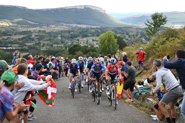 Roglič Survives Final Climbs after Red Bull Teammates Abandon 3 PICON BLANCO - BURGOS, SPAIN - SEPTEMBER 07: (L-R) David Gaudu of France and Team Groupama-FDJ, Mikel Landa of Spain and Team T-Rex Quick Step and Primoz Roglic of Slovenia and Team Red Bull Bora - hansgrohe - Red Leader Jersey compete climbing the final climb the Picon Blanco (1491m) during the La Vuelta - 79th Tour of Spain 2024, Stage 20 a 172km stage from Villarcayo to Picon Blanco 1491m / #UCIWT / on September 07, 2024 in Picon Blanco - Burgos, Spain. (Photo by Tim de Waele/Getty Images)