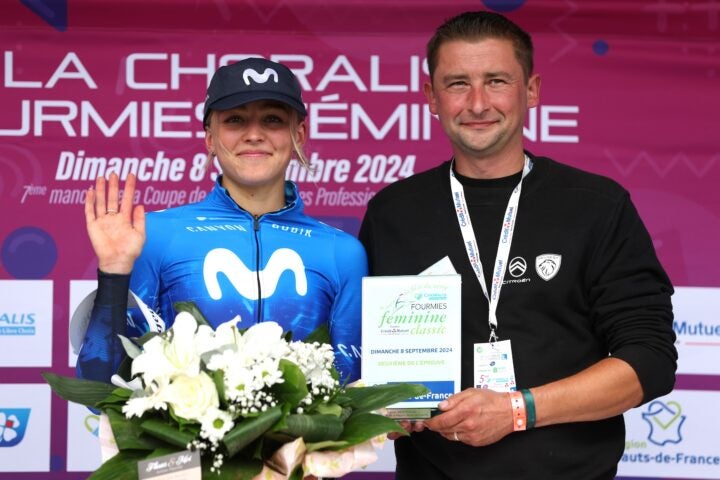 Meet Cat Ferguson, the British Mega-Talent Movistar Is Banking On 2 FOURMIES, FRANCE - SEPTEMBER 08: Cat Ferguson of The United Kingdom and Movistar Team on second place poses on the podium ceremony after the 5th La Choralis Fourmies Feminine 2024 a 130.2km one day race from Fourmies to Fourmies on September 08, 2024 in Fourmies, France. (Photo by Rhode Van Elsen/Getty Images)