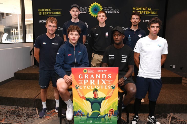 QUEBEC CITY, QUEBEC - SEPTEMBER 11: (L-R) Valentin Madouas of France and Team Groupama - FDJ, Derek Gee of Canada and Team Israel-Premier Tech, Arnaud De Lie of Belgium and Team Lotto Dstny, Tadej Pogacar of Slovenia and UAE Team Emirates, Biniam Girmay of Eritrea and Team Intermarche - Wanty, Julian Alaphilippe of France and Team Soudal Quick-Step and Michael Matthews of Australia and Team Jayco AlUla during the Top Riders Press Conference prior to the 13th Grand Prix Cycliste de Quebec & Montreal 2024 / #UCIWT / on September 11, 2024 in Quebec City, Quebec. (Photo by Alex Broadway/Getty Images)