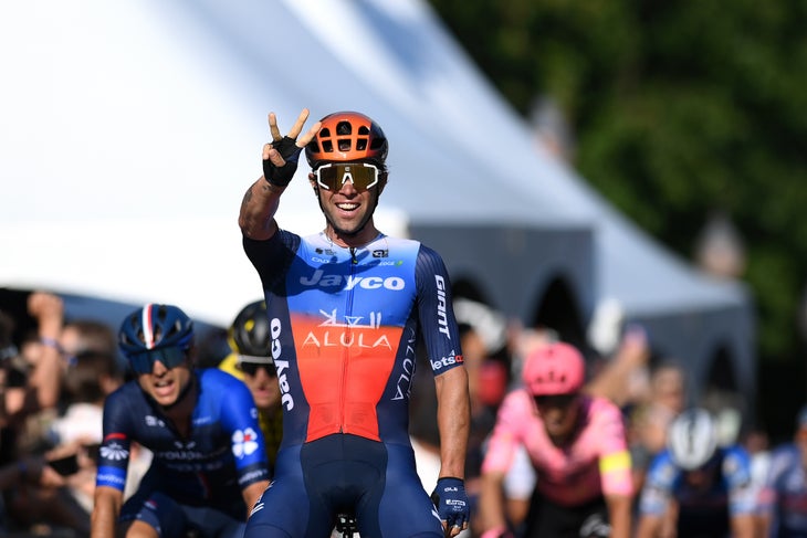 QUEBEC CITY, QUEBEC - SEPTEMBER 13: (EDITOR'S NOTE: Alternate crop) Michael Matthews of Australia and Team Jayco AlUla celebrates at finish line as race winner during the 13th Grand Prix Cycliste de Quebec 2024 a 201.6km one day race from Quebec City to Quebec City / #UCIWT / on September 13, 2024 in Quebec City, Quebec. (Photo by Alex Broadway/Getty Images)