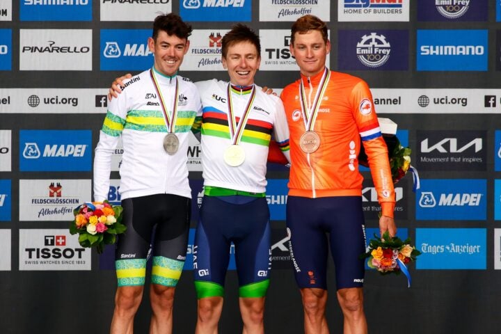 Was Pogačar Unstoppable or Did Worlds Rivals Wait Too Long? 8 ZURICH, SWITZERLAND - SEPTEMBER 29: Tadej Pogacar from Team Slovenia, (C) Ben Oconnor from Team Australia and Mathieu van der Poel from Team Netherlands (R) celebrate with their medals at the podium during the Men Elite Road Race in 97th UCI Cycling World Championships Zurich on September 29, 2024 in Zurich, Switzerland. (Photo by Joan Cros - Corbis/Getty Images)