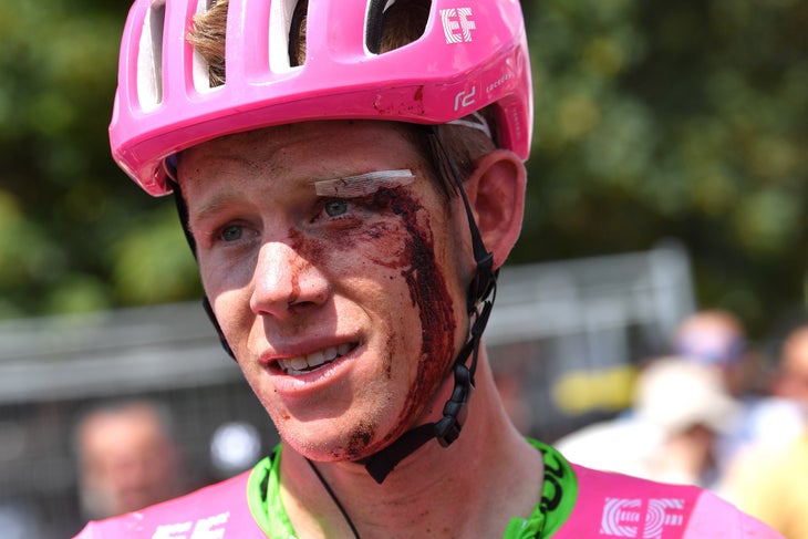 FONTENAY-LE-COMTE, FRANCE - JULY 07: Arrival / Lawson Craddock of The United States and Team EF Education First - Drapac P/B Cannondale / Crash / Injury / during the 105th Tour de France 2018, Stage 1 a 201km from Noirmoutier-En-L'ile to Fontenay-le-Comte on July 7, 2018 in Fontenay-le-Comte, France. (Photo by Tim de Waele/Getty Images)