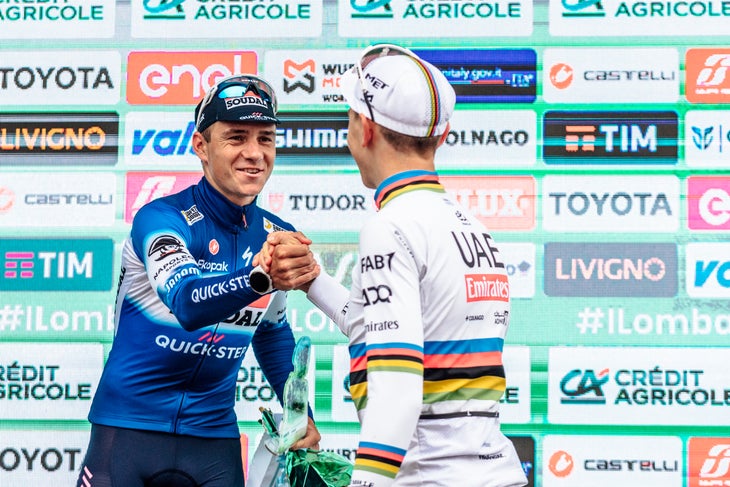 ‘It Feels like a Personal Victory’: Tears for Remco Evenepoel 2 Remco Evenepoel (Soudal Quick-Step) congratulates race winner Tadej Pogačar (UAE Team Emirates) after Il Lombardia (photo by Chris Auld)