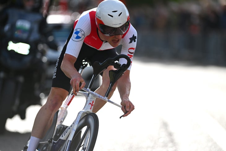 HASSELT, BELGIUM - SEPTEMBER 11: Stefan Kung of Team Switzerland sprints during the 30th UEC Road Cycling European Championships 2024, Men's Elite Individual Time Trial a 31.3km from Heusden-Zolder to Hasselt / #UCIWT / on September 11, 2024 in Hasselt, Belgium. (Photo by Luc Claessen/Getty Images)
