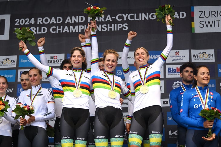 Grace Brown Urges Change Ahead of Final Race 4 ZURICH, SWITZERLAND - SEPTEMBER 25: Gold medalists Michael Matthews, Ben O'connor, Jay Vine, Grace Brown, Brodie Chapman, Ruby Roseman-Gannon of Team Australia pose on the podium during the 97th UCI Cycling World Championships Zurich 2024, Mixed Relay Team Time Trial a 53.7km one day race from Zurich to Zurich on September 25, 2024 in Zurich, Switzerland. (Photo by Dario Belingheri/Getty Images)