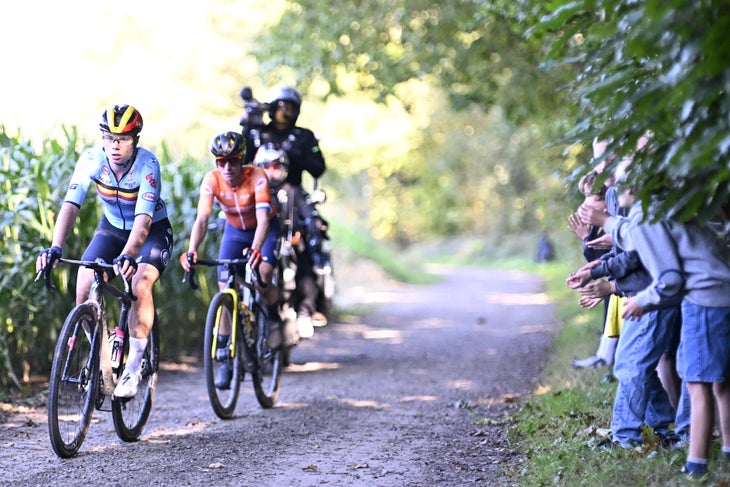 Belgian Lotte Kopecky and Dutch Marianne Vos pictured in action during the women elite race at the UCI World Gravel Championships, Saturday 05 October 2024, in Leuven. BELGA PHOTO JASPER JACOBS (Photo by JASPER JACOBS / BELGA MAG / Belga via AFP)