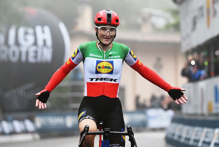 SAN LUCA, ITALY - OCTOBER 05: Elisa Longo Borghini of Italy and Team Lidl-Trek celebrates at finish line as race winner during the 11th Giro dell'Emilia Internazionale Donne Elite 2024 a 113.8km one day race from Vignola to Bologna - San Luca 267m on October 05, 2024 in San Luca, Italy. (Photo by Dario Belingheri/Getty Images)