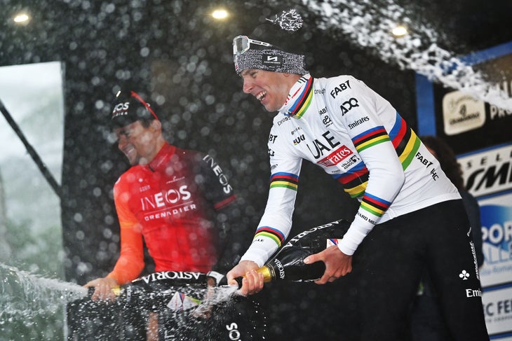 SAN LUCA, ITALY - OCTOBER 05: Tadej Pogacar of Slovenia and Team UAE Team Emirates celebrates at podium as race winner during the 107th Giro dell'Emilia 2024 a 215.3km one day race from Vignola to Bologna - San Luca 267m on October 05, 2024 in San Luca, Italy. (Photo by Dario Belingheri/Getty Images)