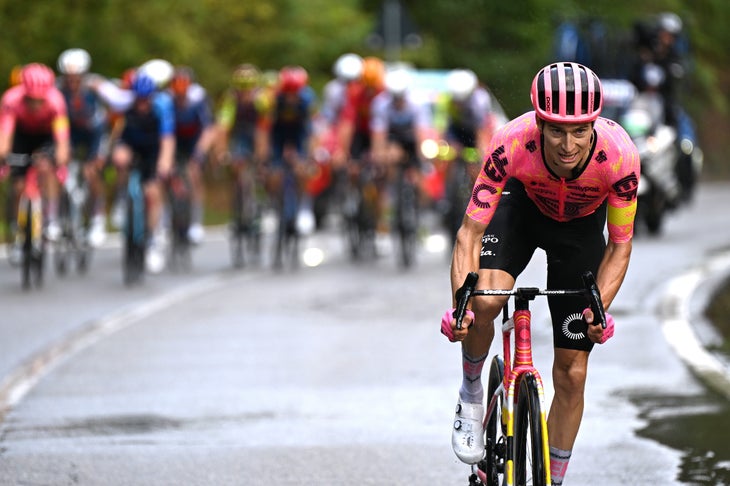 BORGOMANERO, ITALY - OCTOBER 10: Neilson Powless of The United States and Team EF Education - EasyPost attacks in the breakaway during the 108th Gran Piemonte 2024 a 182km one day race from Valdengo to Borgomanero on October 10, 2024 in Borgomanero, Italy. (Photo by Tim de Waele/Getty Images)