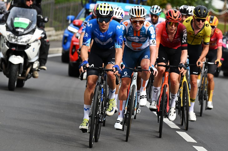 Pogačar Soloes to Win at Il Lombardia to Cap Near-Perfect Season 2 COMO, ITALY - OCTOBER 12: (L-R) Gregor Muhlberger of Austria and Movistar Team and Kevin Vermaerke of The United States and Team dsm-firmenich PostNL compete in the breakaway during the 118th Il Lombardia 2024 a 255km one day race from Bergamo to Como / #UCIWT / on October 12, 2024 in Como, Italy. (Photo by Tim de Waele/Getty Images)