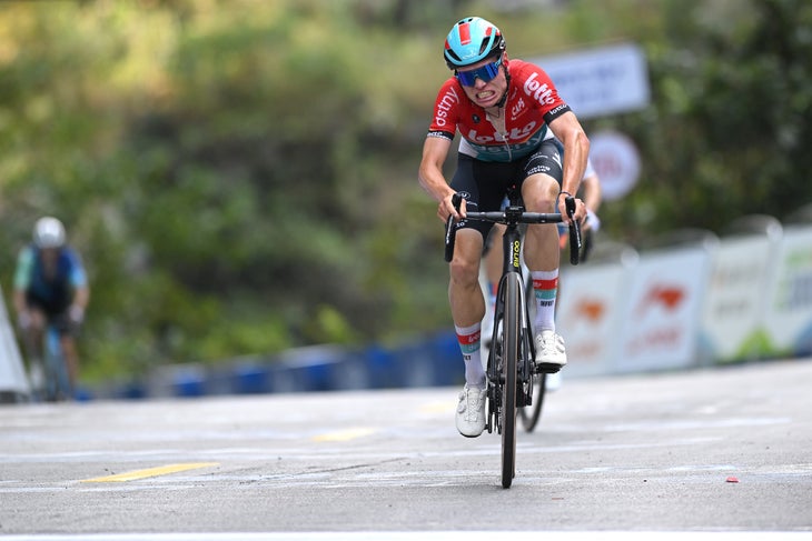 Emerging Talent Lennert Van Eetvelt seals Tour of Guangxi win 2 NONGLA, CHINA - OCTOBER 19: Stage winner Lennert Van Eetvelt of Belgium and Team Lotto Dstny crosses the finish line during the 5th Gree-Tour Of Guangxi 2024, Stage 5 a 165.8km stage from Yizhou to Nongla 641m / #UCIWT / on October 19, 2024 in Nongla, China. (Photo by Dario Belingheri/Getty Images)