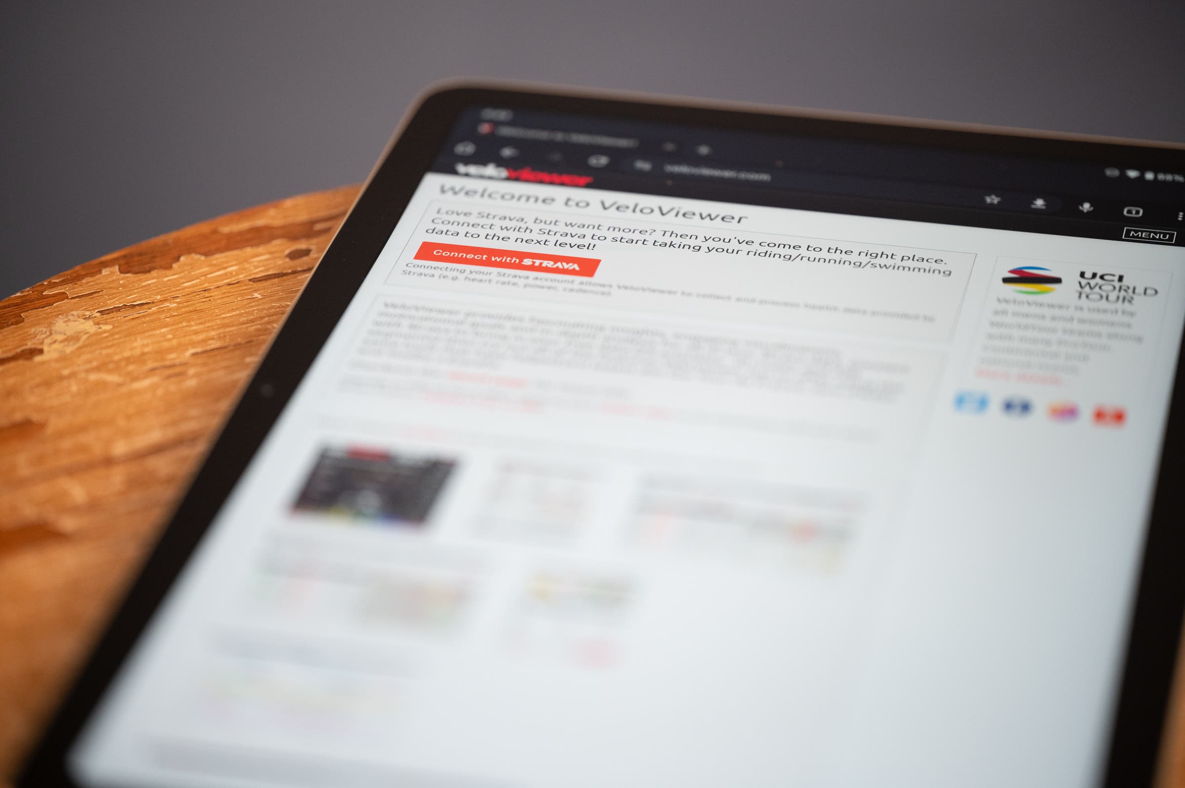 Strava API connection to veloviewer on a google tablet.