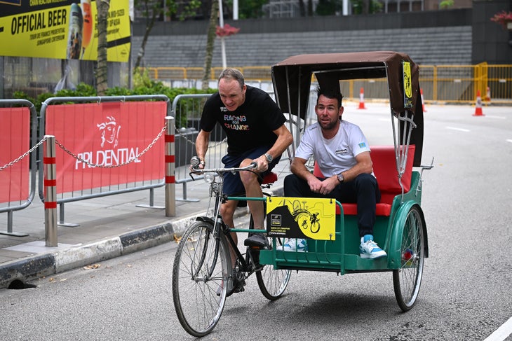 Froome Eyes Retirement at End of 2025 Season 3 SINGAPORE, SINGAPORE - OCTOBER 28: (L-R) Chris Froome of The United Kingdom and Mark Cavendish of The United Kingdom and TDF Criterium Legends Team drive a rickshaw prior to the Team Presentation of the 2nd Tour de France Prudential Singapore 2023 / #UCIWT / on October 28, 2023 in Singapore. (Photo by Dario Belingheri/Getty Images)
