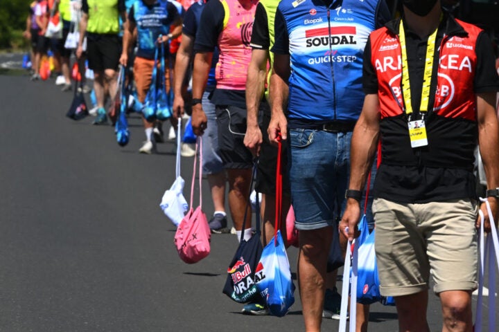 Feed bags full of carb gels and drinks 