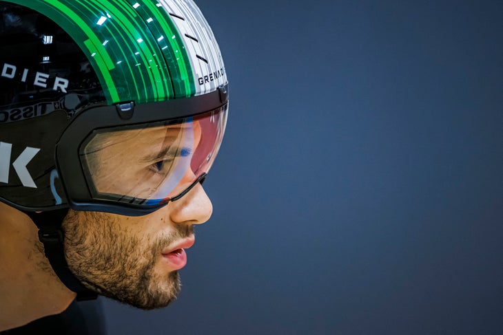 Ineos Grenadiers' Italian rider Filippo Ganna concentrates on the start line before attempting to break the world hour record at the Grenchen velodrome, northern Switzerand on October 8, 2022. (Photo by Valentin FLAURAUD / AFP) (Photo by VALENTIN FLAURAUD/AFP via Getty Images)