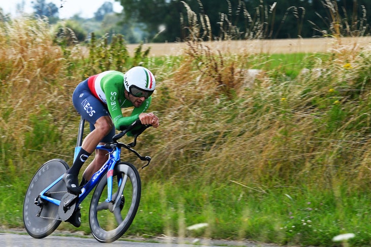 MONS, BELGIUM - JULY 25: (EDITOR'S NOTE: Alternate crop) Filippo Ganna of Italy and Team INEOS Grenadiers sprints during the 44th Ethias-Tour de Wallonie 2023, Stage 4 a 32.7km individual time trial from Mons to Mons on July 25, 2023 in Mons, Belgium. (Photo by Luc Claessen/Getty Images)