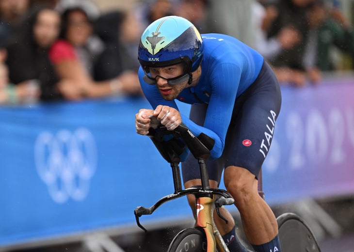 Filippo Ganna of Italy competes during the cycling road men's individual time trial of the Paris 2024 Olympic Games in Paris, France, July 27, 2024. (Photo by Hu Huhu/Xinhua via Getty Images)