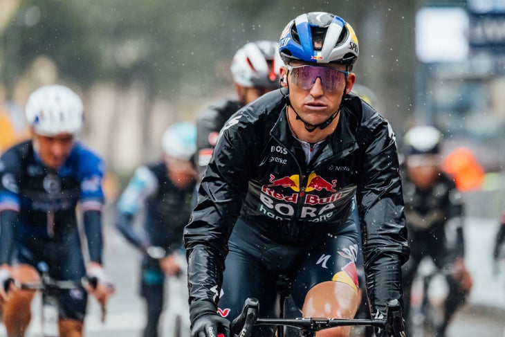 A frozen Jai Hindley during this year's Tirreno-Adriatico (Photo: Chris Auld/Velo)