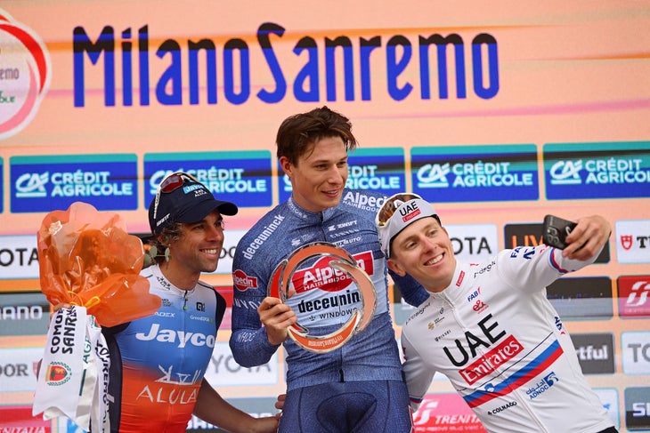 Sanremo, March 16: (LR) Australia and team Jayla Alula, Raco Alula, Race Winner Jasper Philipsen and Slovenia and Slovenia and UAE Tadej Pogacar and Silano-Sanremo Pose Sanremo / #Uriqt / 16 March 2024 in Italy, Sanremo in the city. (By Dario Belingher / Getty Imagheri) picture)