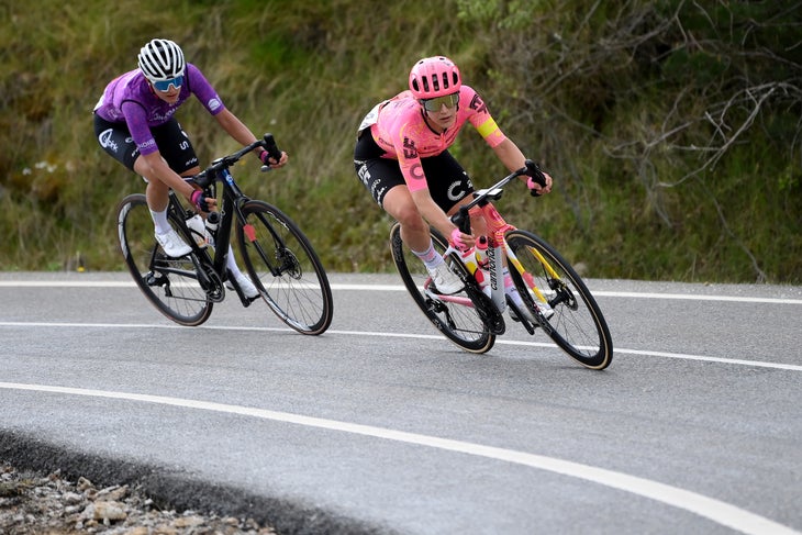 VALDESQUI - COMUNIDAD DE MADRID - MADRID, SPAIN - MAY 05: (L-R) Monica Trinca Colonel of Italy and Team Bepink - Bongioanni and Kristen Faulkner of The United States and Team EF Education-Cannondale compete in the breakaway during the 10th La Vuelta Femenina 2024, Stage 8 a 89.5km stage from Distrito Telefonica - Madrid to Valdesqui - Comunidad de Madrid 1860m / #UCIWWT / on May 05, 2024 in Valdesqui - Comunidad De Madrid - Madrid, Spain. (Photo by Alex Broadway/Getty Images)