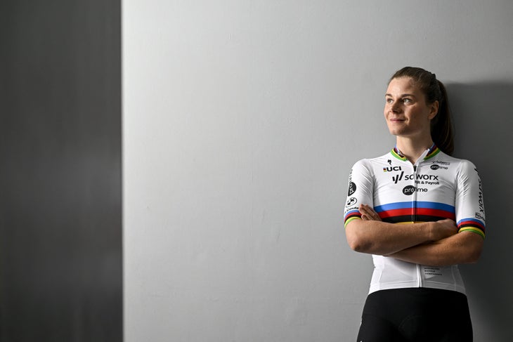 Belgian rider Lotte Kopecky - current UCI Elite Women's World Road Race Champion - poses at the SD Worx cycling team presentation at the photography museum (FOMU) in Antwerp on January 23, 2025. (Photo by DIRK WAEM / Belga / AFP) / Belgium OUT