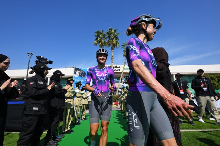 DUBAI, UNITED ARAB EMIRATES - FEBRUARY 06: Monica Trinca Colonel of Italy and Team Liv AlUla Jayco prior to the 3rd UAE Tour Women, Stage 1 a 149km stage from Dubai Police Officer's Club to Dubai Harbour / #UCIWWT / on February 06, 2025 in Dubai, United Arab Emirates. (Photo by Tim de Waele/Getty Images)