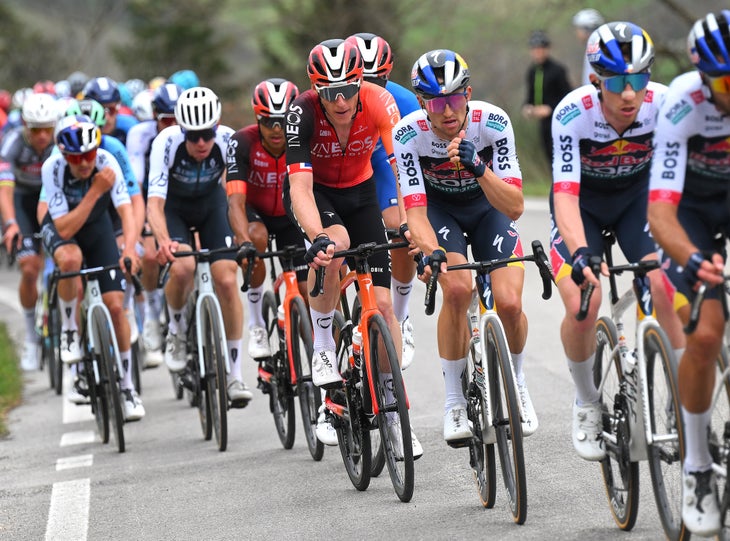 Pergola, Italy - 14 March: (LR) United Kingdom and Team ineos Greenadiers and Connor Swift, Australia and Group Grenadiers and Team Red Bull - Hansgroe 2025, Pergola / #UUCIWT / 14 March 205 km, Images (by Tim De Waele / Getty Images)