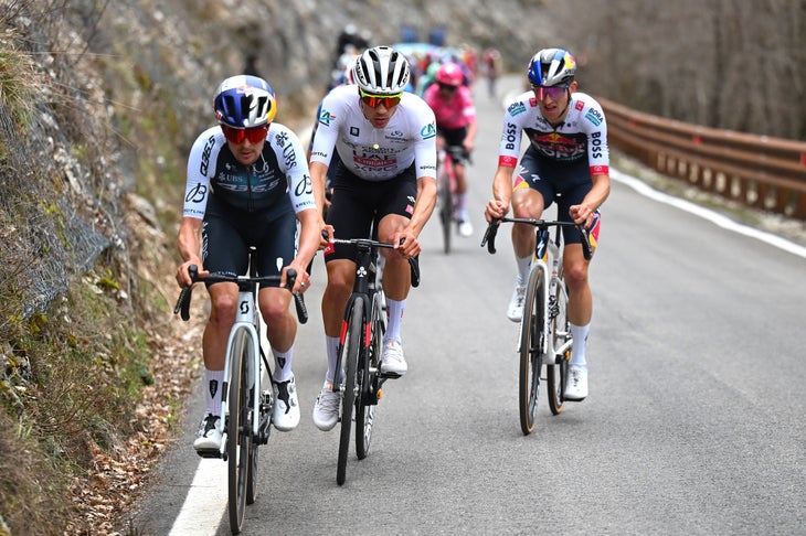 FRONTIGNANO, ITALY - MARCH 15: (L-R) Thomas Pidcock of The United Kingdom and Q36.5 Pro Cycling Team, Juan Ayuso Pesquera of Spain and UAE Team Emirates XRG - White best Young Rider Jersey and Jai Hindley of Australia and Team Red Bull – BORA – Hansgrohe compete in the breakaway during the 60th Tirreno-Adriatico 2025, Stage 6 a 163km stage from Cartoceto to Frontignano 1324m / #UCIWT / on March 15, 2025 in Frontignano, Italy. (Photo by Tim de Waele/Getty Images)