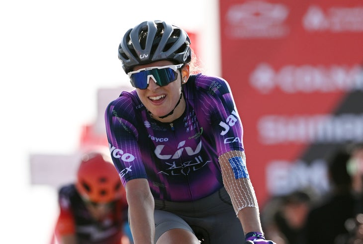 JEBEL HAFEET, UNITED ARAB EMIRATES - FEBRUARY 08: Monica Trinca Colonel of Italy and Team Liv AlUla Jayco crosses the finish line during the 3rd UAE Tour Women, Stage 3 a 152km stage from Al Ain Qasr Al Muwaiji to Jebel Hafeet 1031m / #UCIWWT / on February 08, 2025 in Jebel Hafeet, United Arab Emirates. (Photo by Tim de Waele/Getty Images)