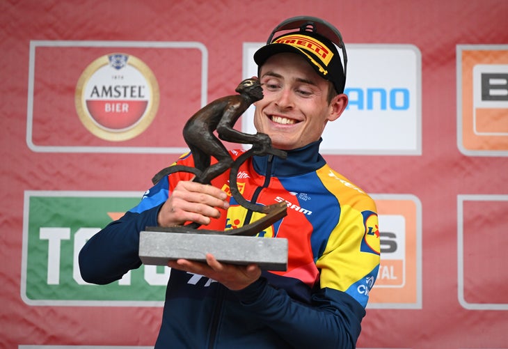 BERG EN TERBLIJT, NETHERLANDS - APRIL 20: Mattias Skjelmose of Denmark and Team Lidl - Trek celebrates at podium as race winner during the 59th Amstel Gold Race 2025 a 255.9km one day race from Maastricht to Berg en Terblijt / #UCIWT / on April 20, 2025 in Berg en Terblijt, Netherlands. (Photo: Dario Belingheri/Getty Images)